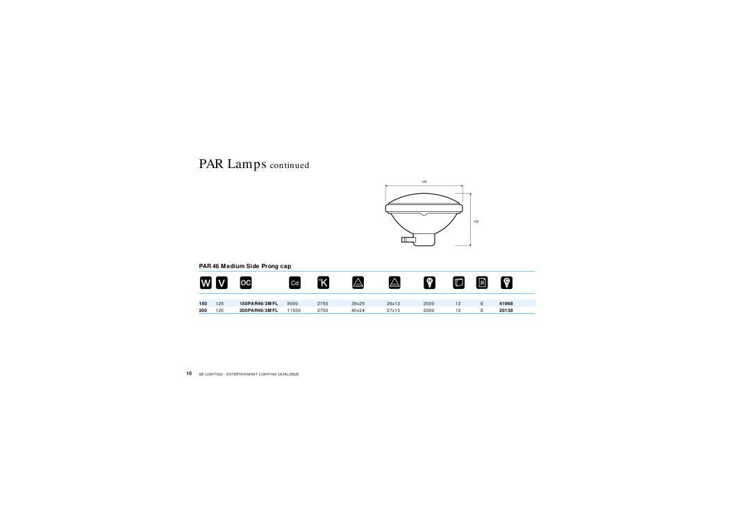 GE manual PAR Lamps continued, PAR 46 Medium Side Prong cap, Order Code, 150PAR46/3MFL, 41968, 200PAR46/3MFL, 20138 