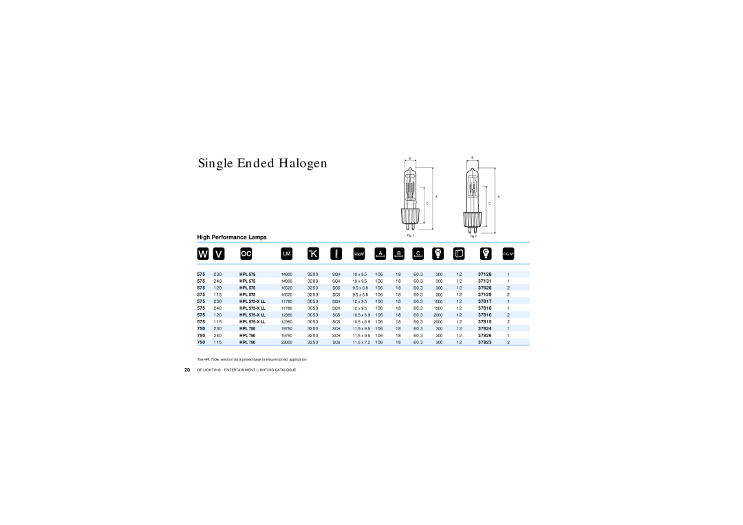 GE manual Single Ended Halogen, High Performance Lamps, Order Code 