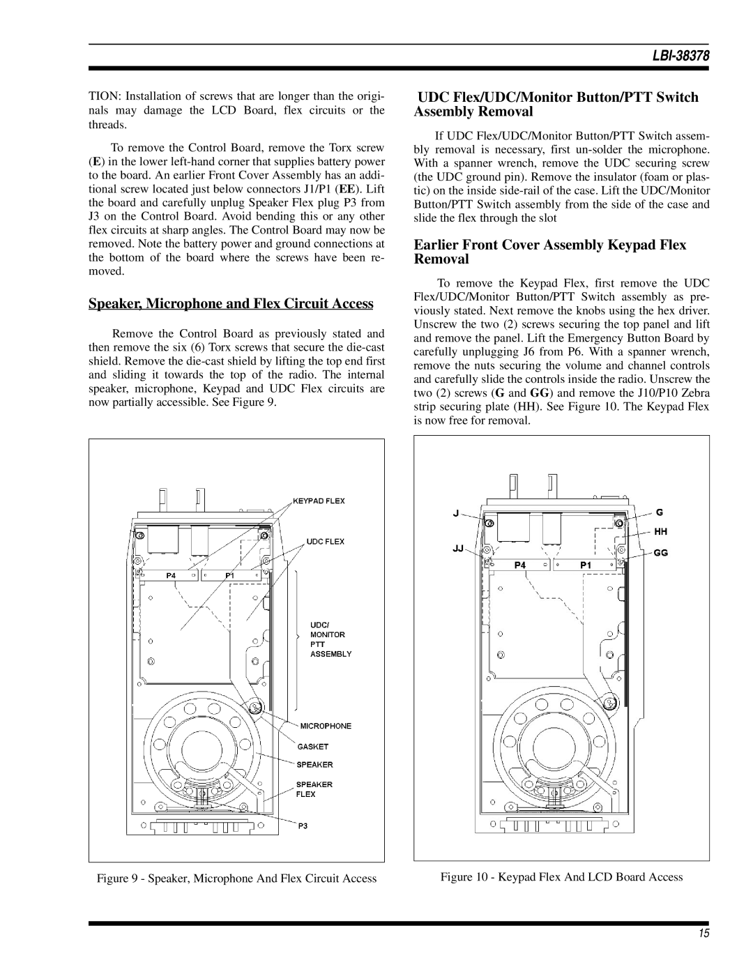 GE LBI-38378C manual Speaker, Microphone and Flex Circuit Access, UDC Flex/UDC/Monitor Button/PTT Switch Assembly Removal 