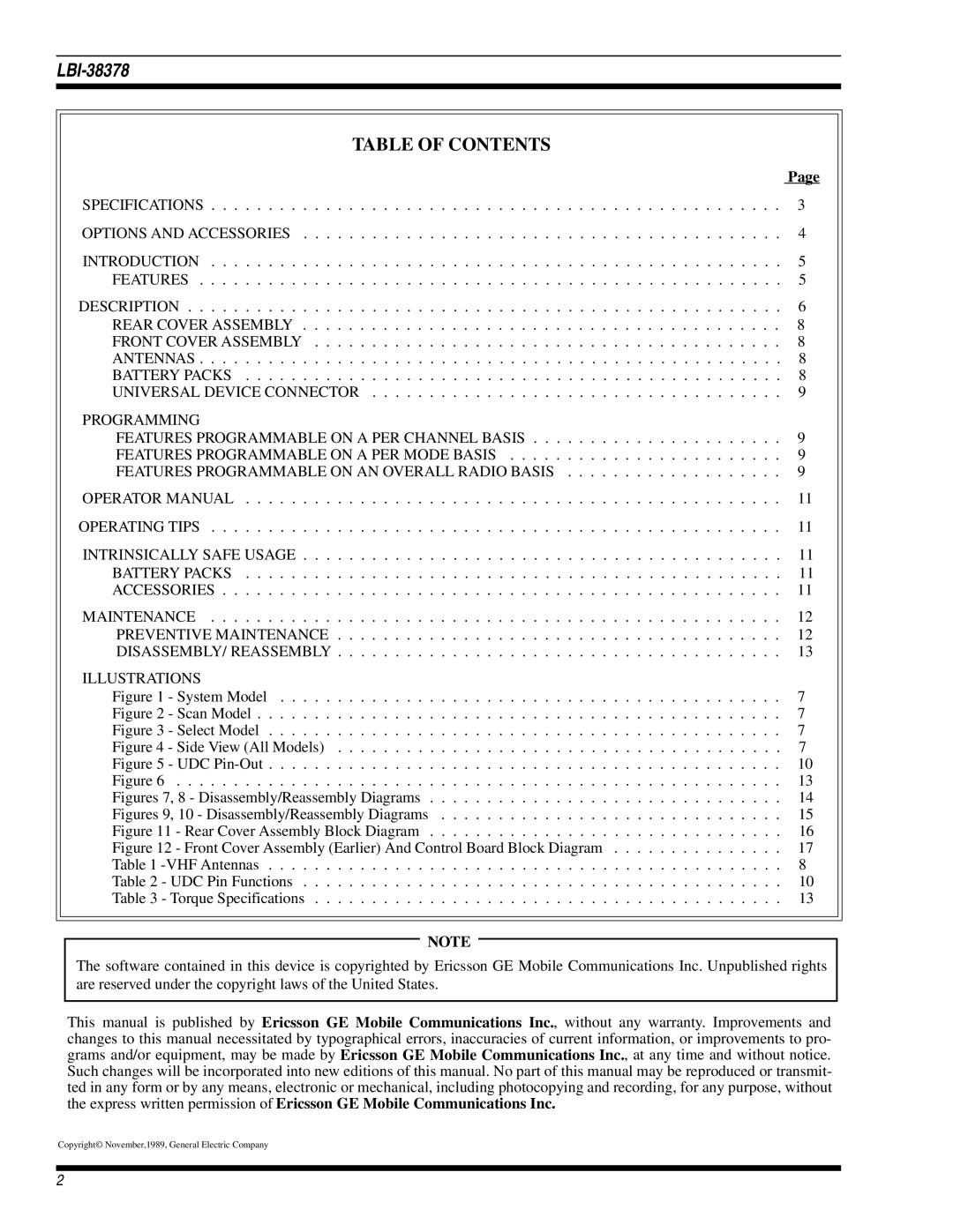 GE LBI-38378C manual Table of Contents 