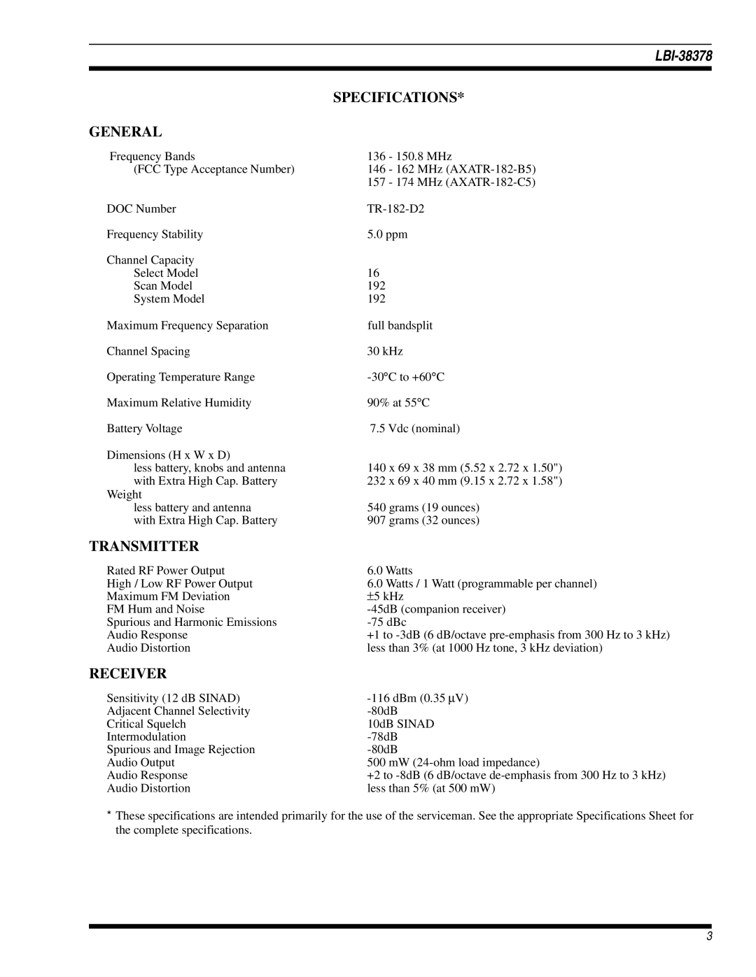 GE LBI-38378C manual Specifications, General, Transmitter, Receiver 