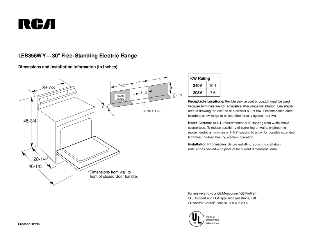 GE dimensions LEB356WY-30 Free-Standing Electric Range, Dimensions and Installation Information in inches, 29-7/8 