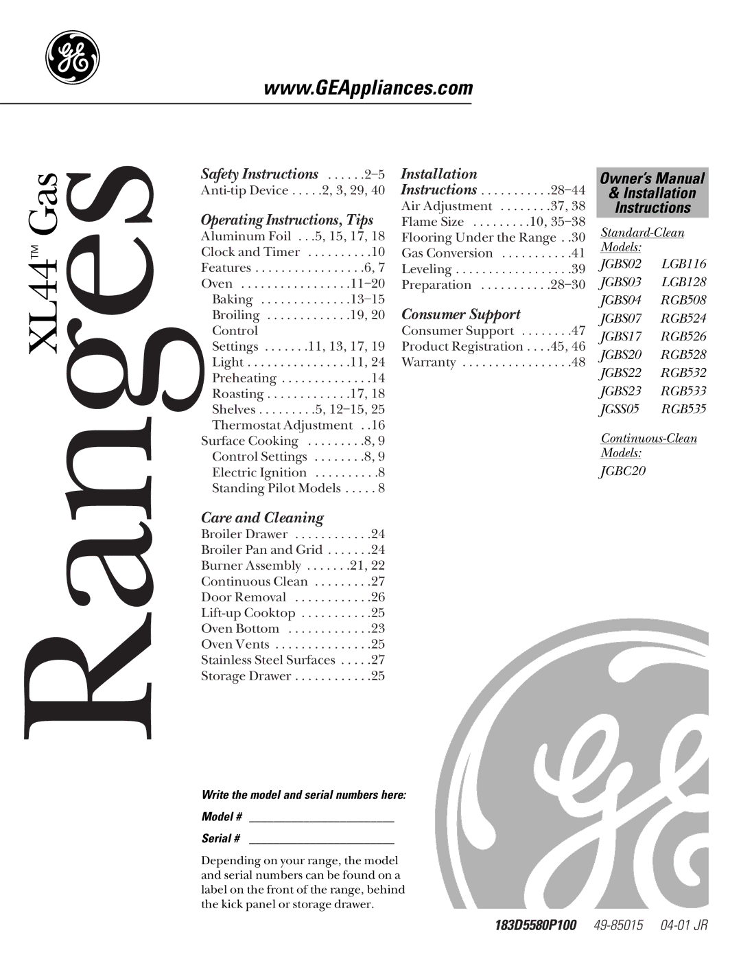 GE JGBS02, LGB128 installation instructions RangesXL44 Gas 