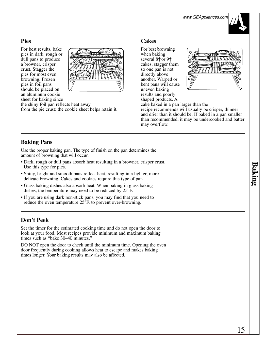 GE JGBS02, LGB128 installation instructions Pies, Cakes, Baking Pans, Don’t Peek 