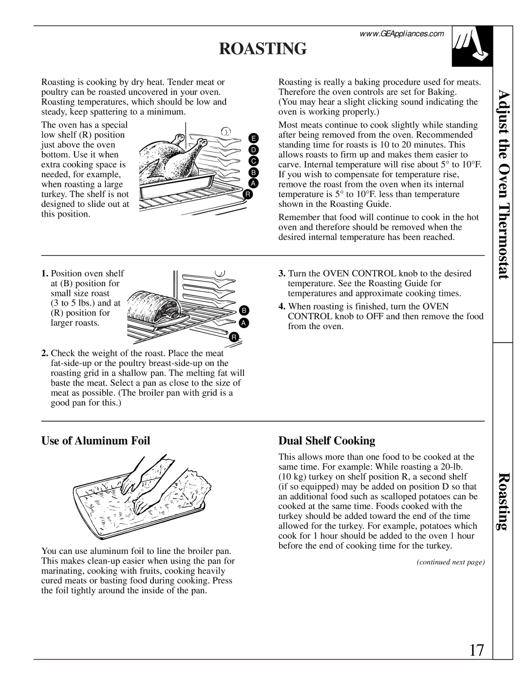 GE JGBS02, LGB128 installation instructions Roasting, Use of Aluminum Foil, Dual Shelf Cooking 