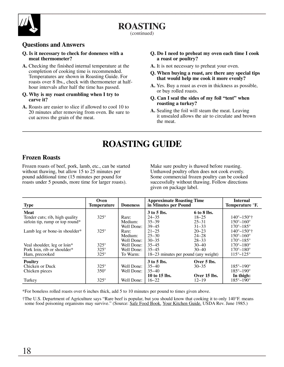 GE LGB128, JGBS02 installation instructions Roasting Guide, Questions and Answers, Frozen Roasts 