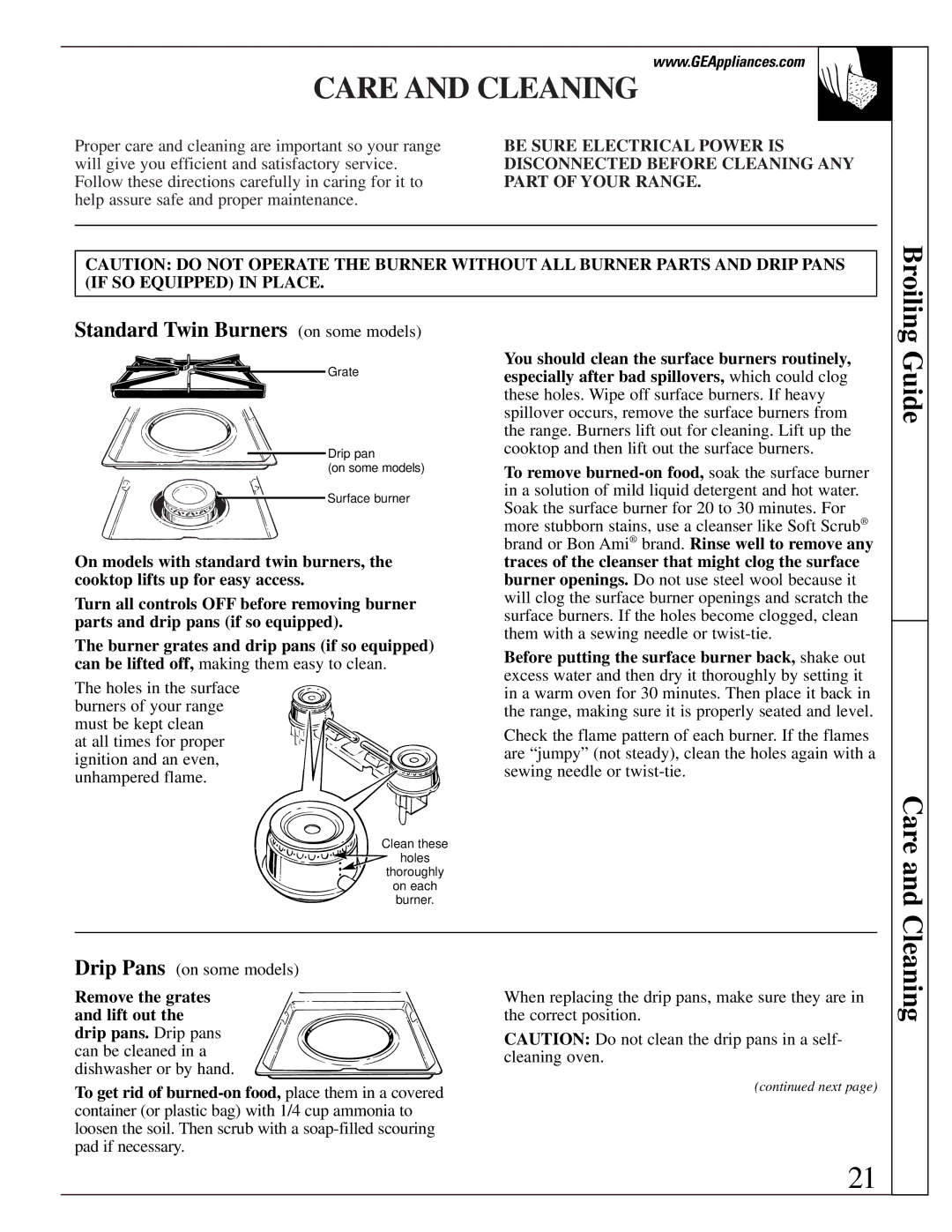 GE JGBS02, LGB128 installation instructions Care and Cleaning, Standard Twin Burners on some models 