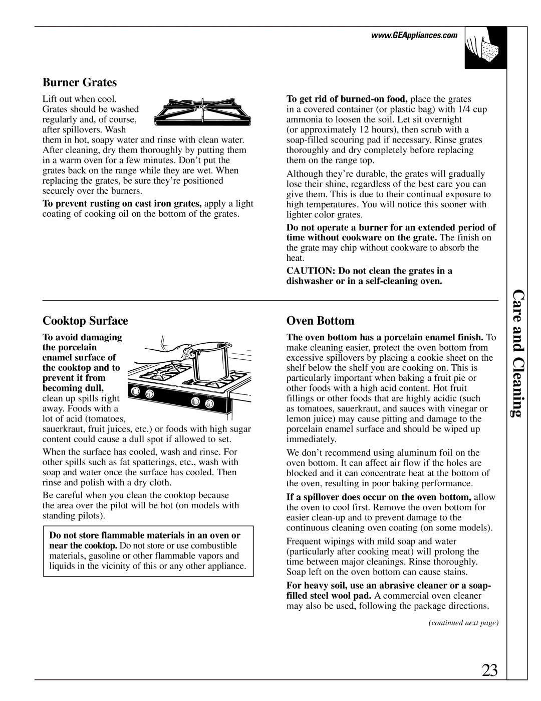 GE JGBS02, LGB128 installation instructions Burner Grates, Cooktop Surface, Oven Bottom 