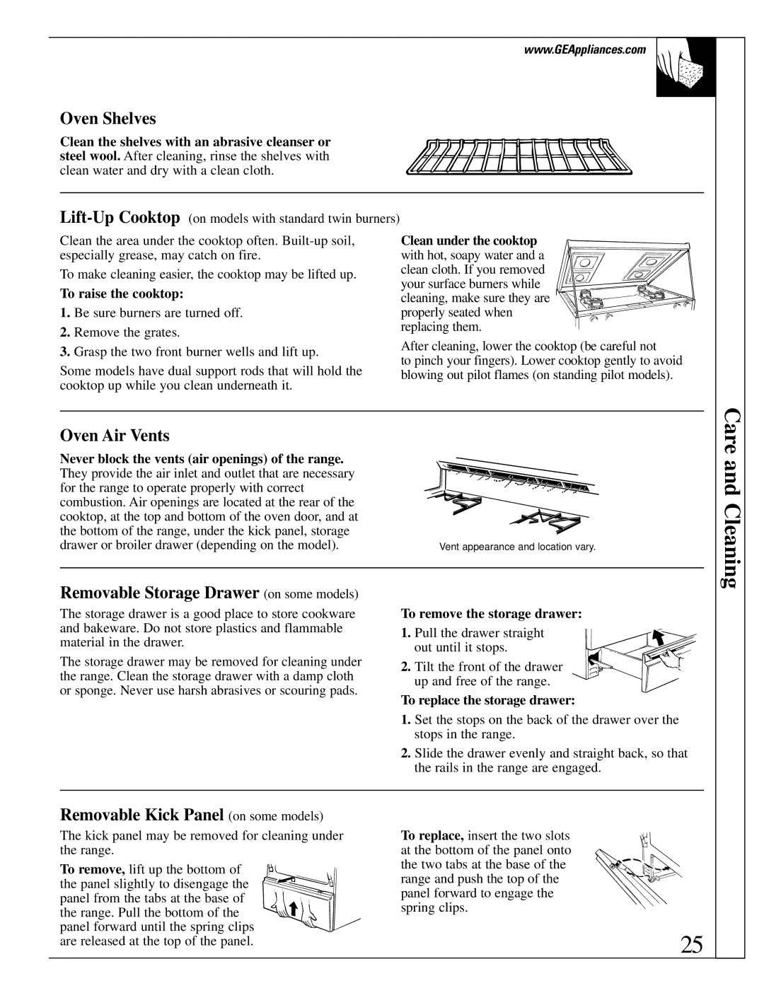 GE JGBS02, LGB128 Oven Air Vents, Removable Storage Drawer on some models, Removable Kick Panel on some models 