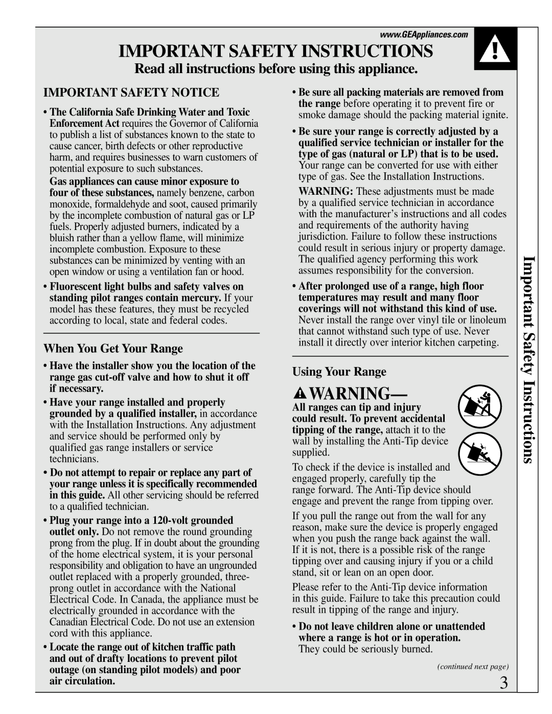 GE JGBS02, LGB128 installation instructions Important Safety Instructions, When You Get Your Range, Using Your Range 