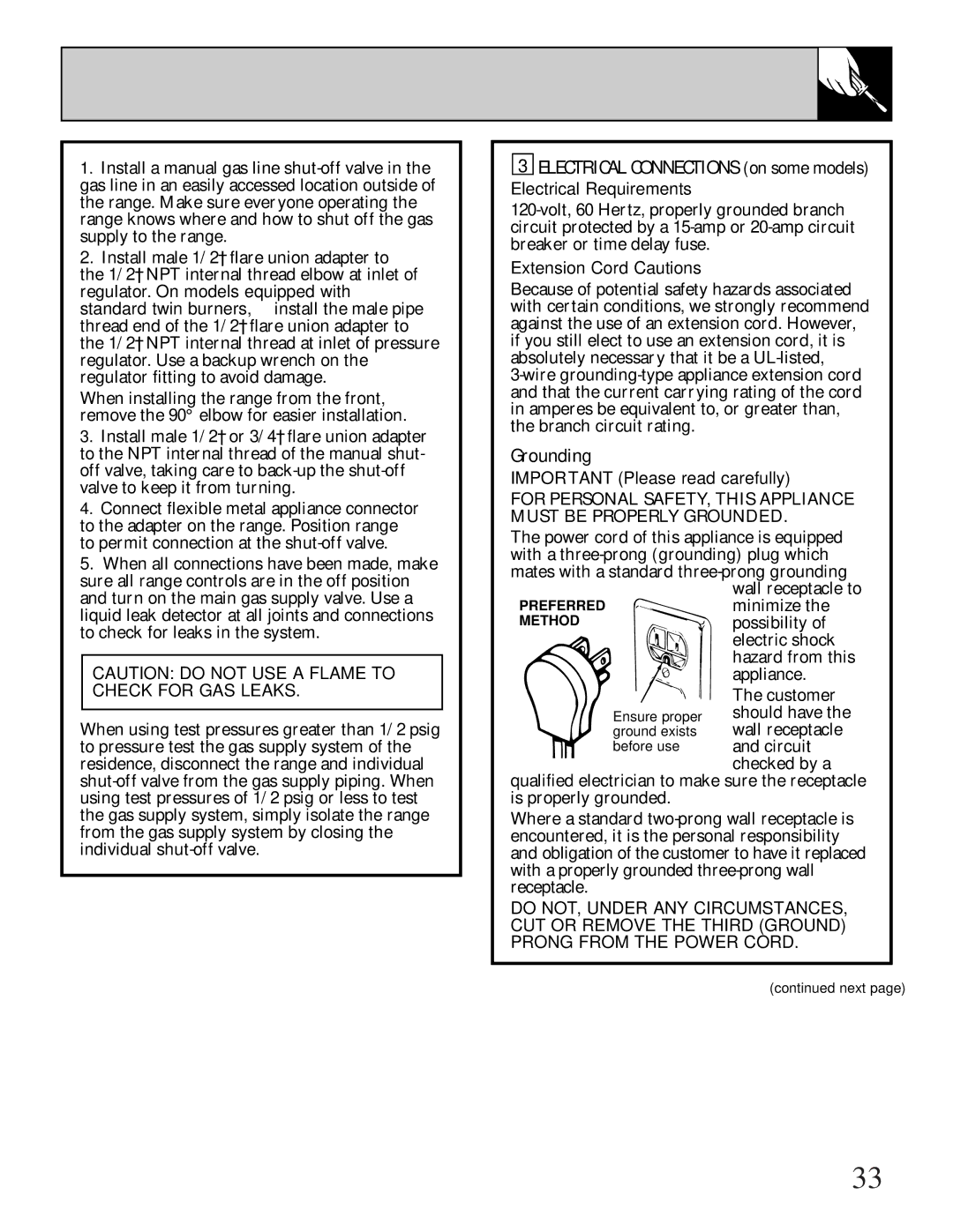 GE JGBS02, LGB128 Electrical Requirements, Extension Cord Cautions, IMPORTANT-Please read carefully 