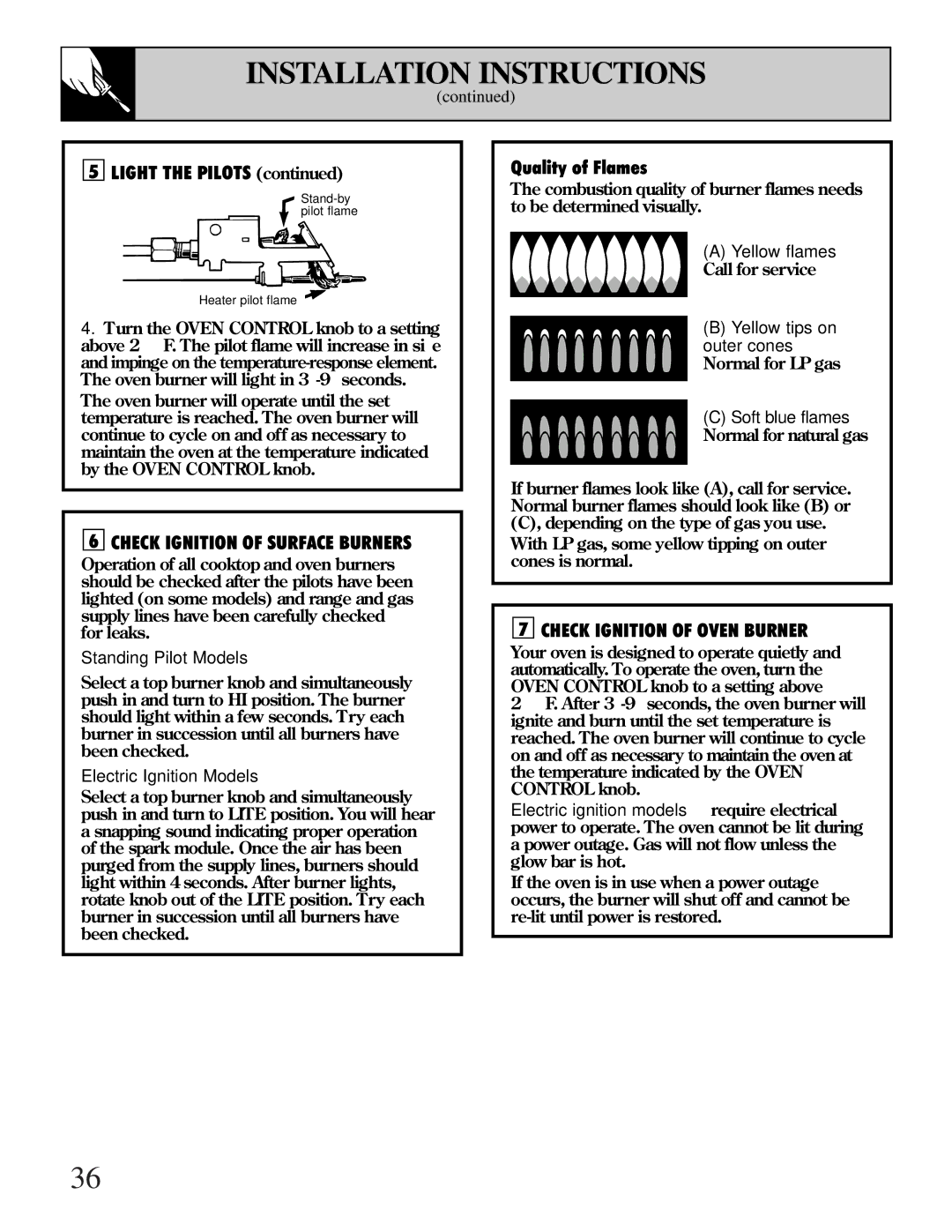 GE LGB128, JGBS02 installation instructions Electric Ignition Models, Yellow flames 