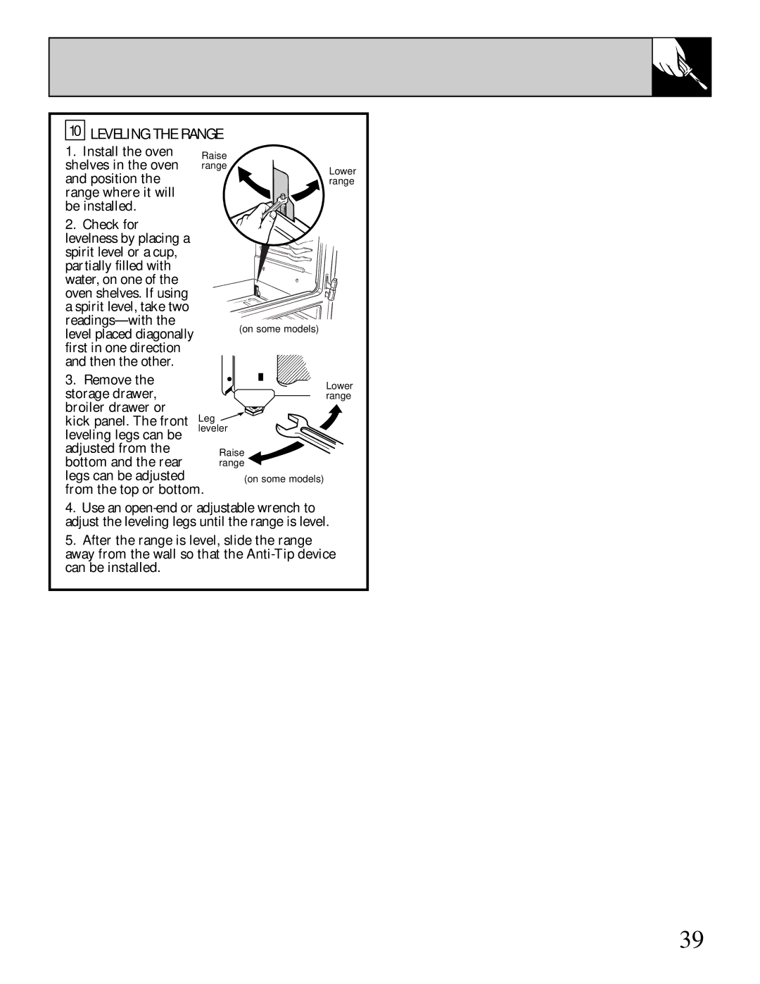 GE JGBS02, LGB128 installation instructions Leveling legs can be 