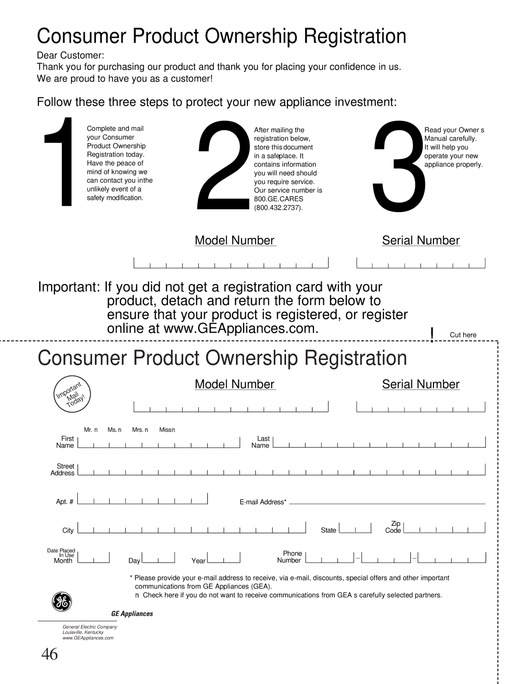 GE LGB128, JGBS02 installation instructions Consumer Product Ownership Registration 