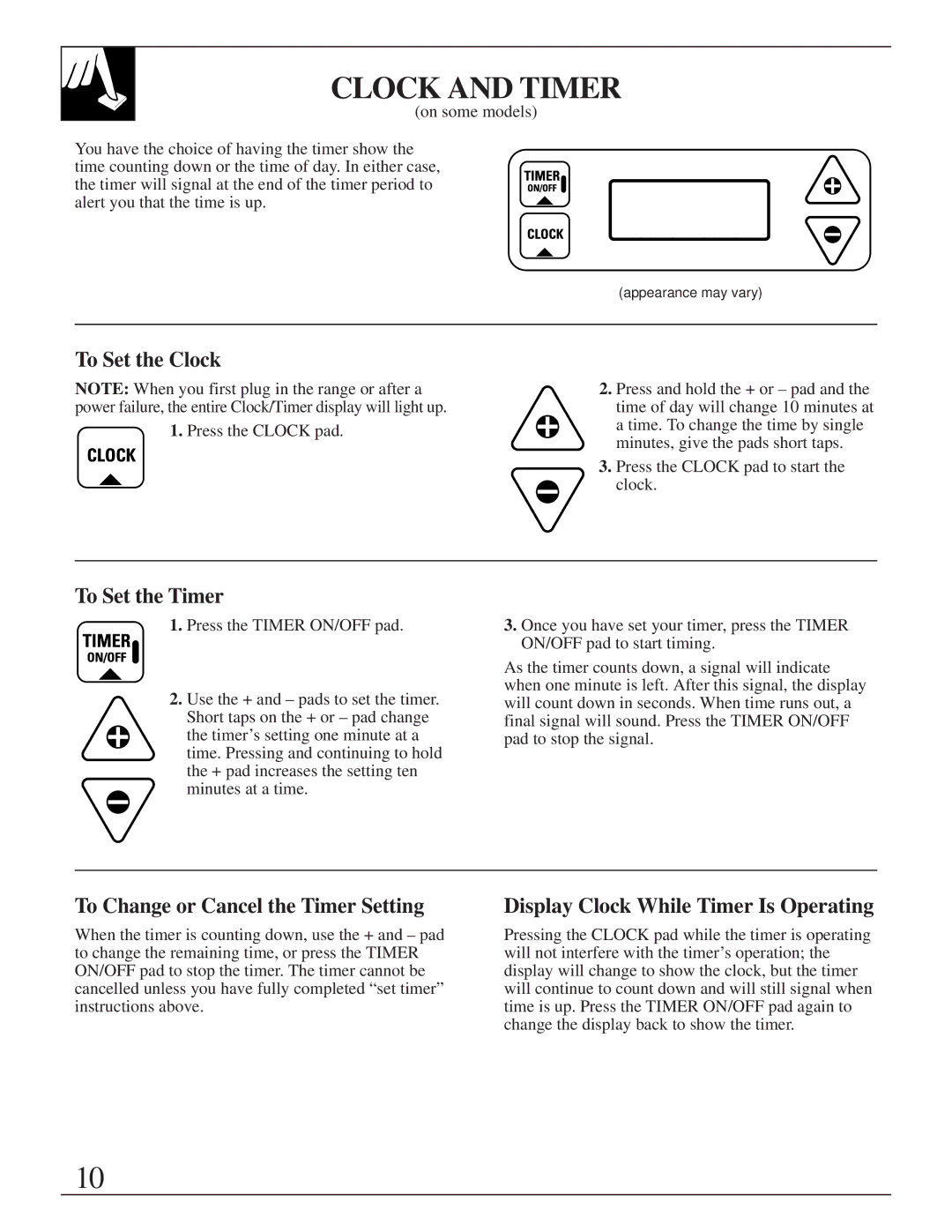 GE RGB525, LGB156, LGB116, LGB146 Clock and Timer, To Set the Clock, To Set the Timer, To Change or Cancel the Timer Setting 