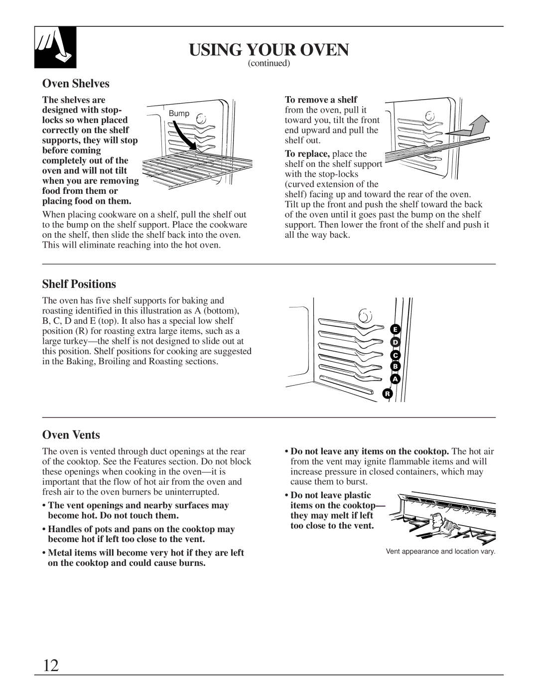 GE JGBS03, LGB156, LGB116, LGB146, LGB126, RGB526, RGB628, RGB535, RGB530, RGB532, RGB501 Oven Shelves, Shelf Positions, Oven Vents 