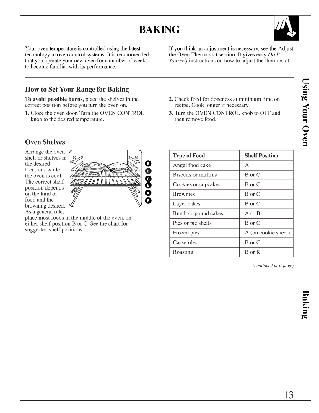 GE JGBC17 How to Set Your Range for Baking, To avoid possible burns, place the shelves, Type of Food Shelf Position 