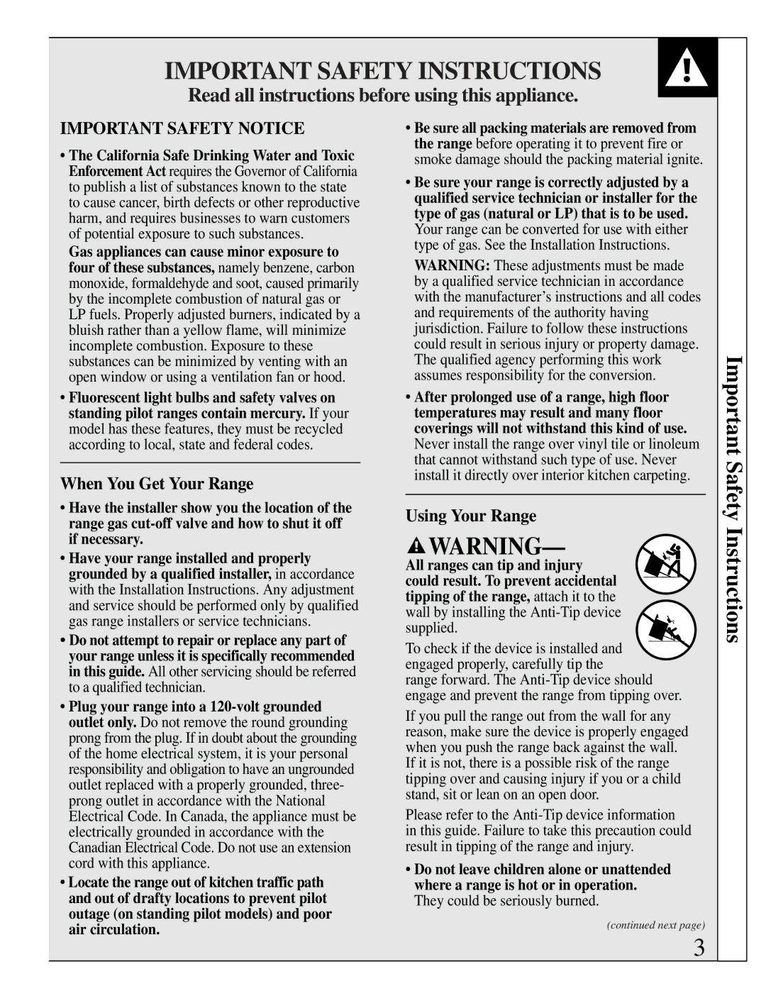 GE LGB126, LGB156, LGB116, LGB146, RGB526, RGB628 Important Safety Instructions, When You Get Your Range, Using Your Range 