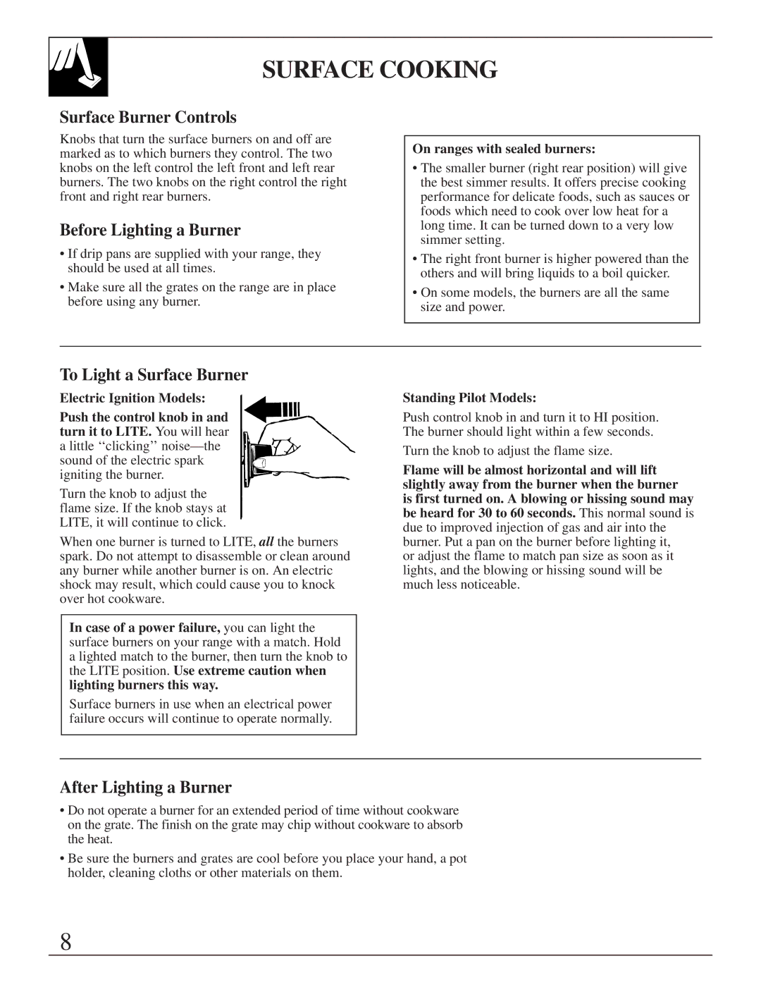 GE RGB532, LGB156, LGB116 Surface Cooking, Surface Burner Controls, Before Lighting a Burner, To Light a Surface Burner 