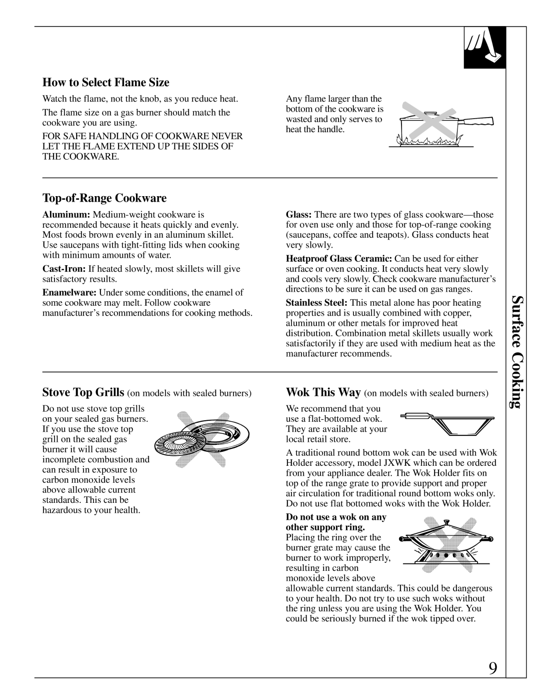 GE RGB501, LGB156, LGB116 manual How to Select Flame Size, Top-of-Range Cookware, Do not use a wok on any other support ring 