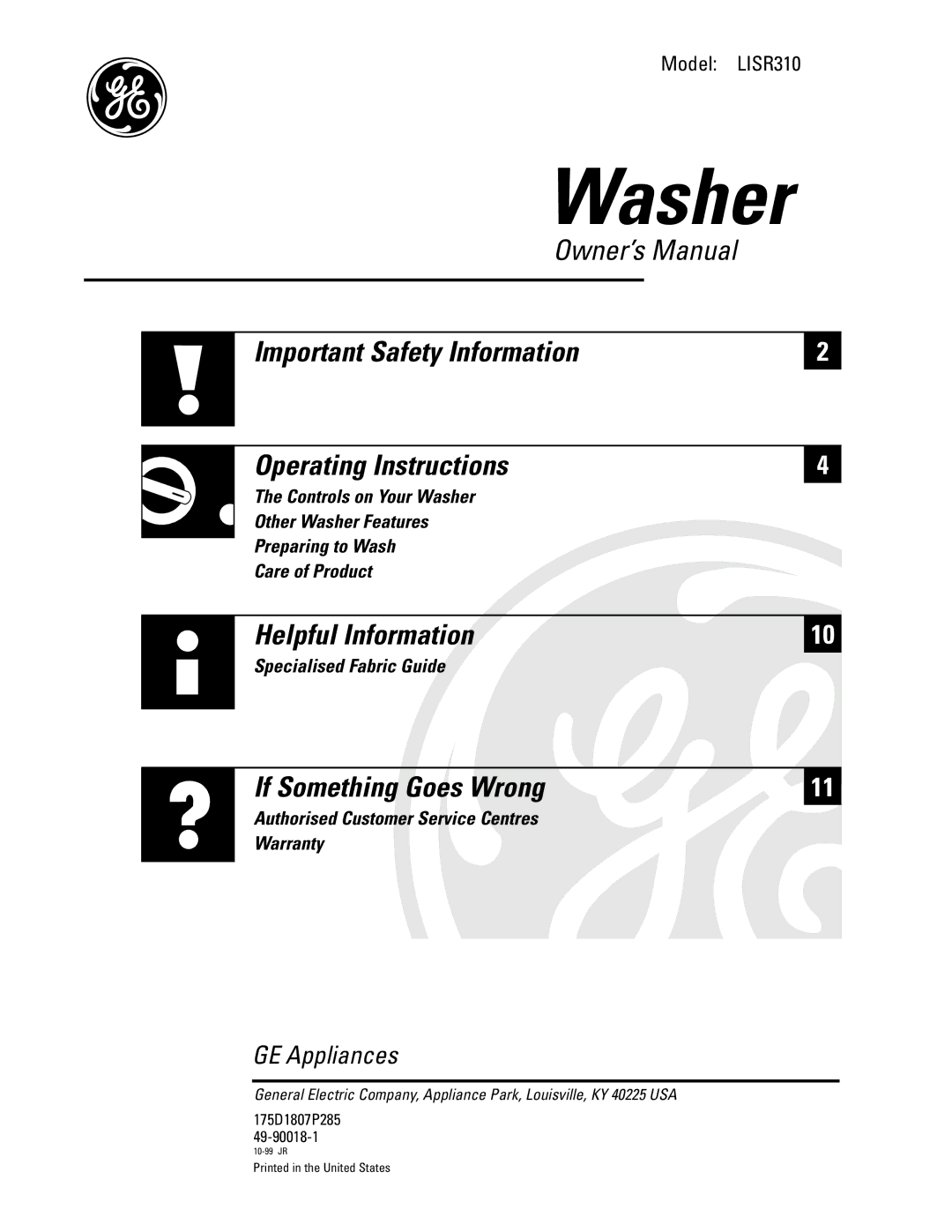 GE LISR310 operating instructions Washer 