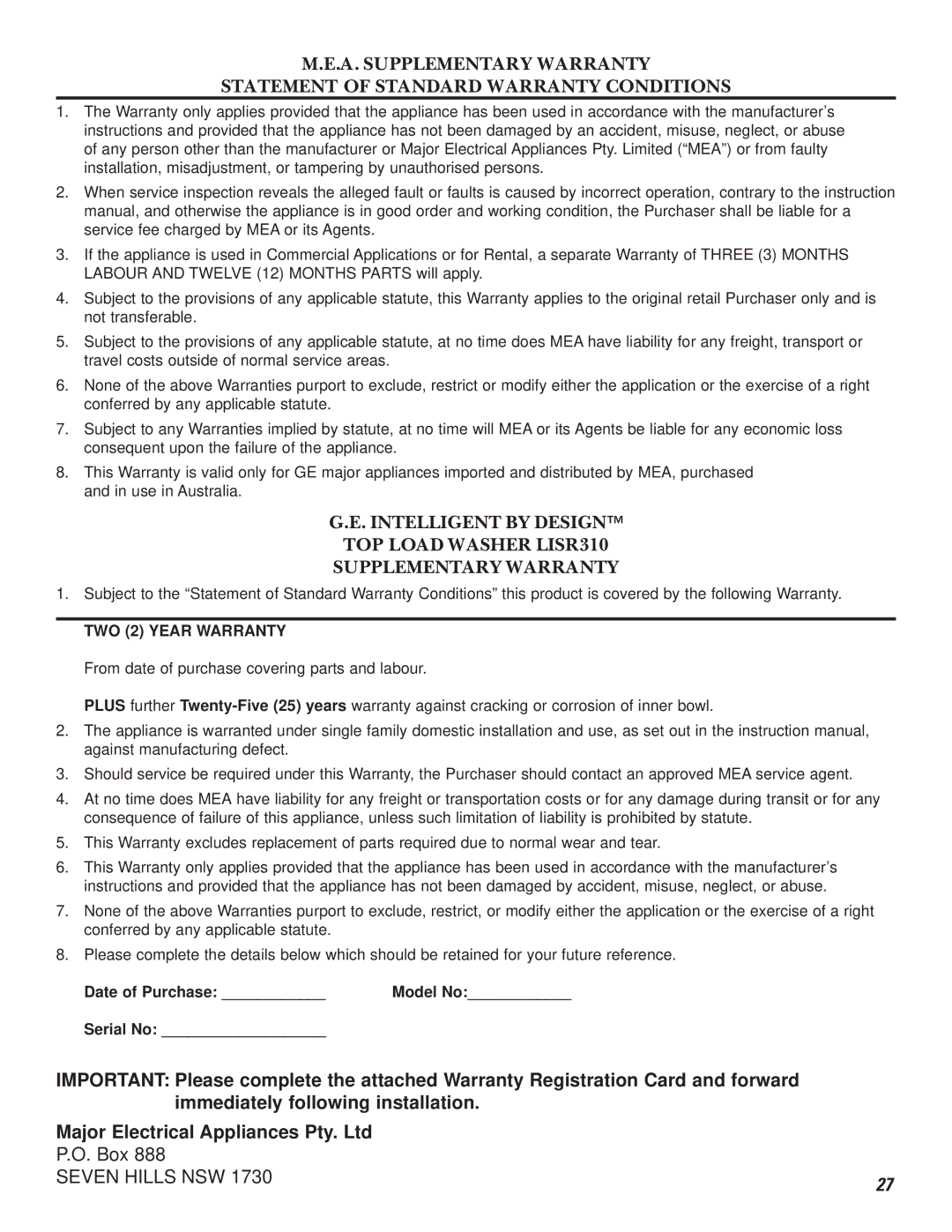 GE LISR310 operating instructions TWO 2 Year Warranty 