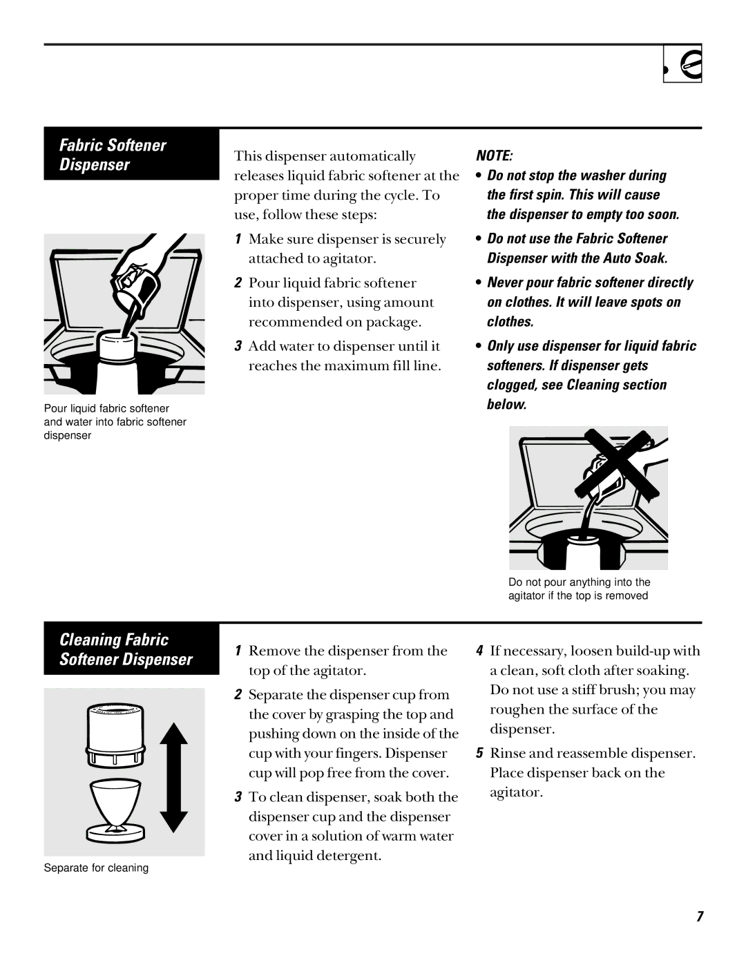 GE LISR310 operating instructions Cleaning Fabric Softener Dispenser 