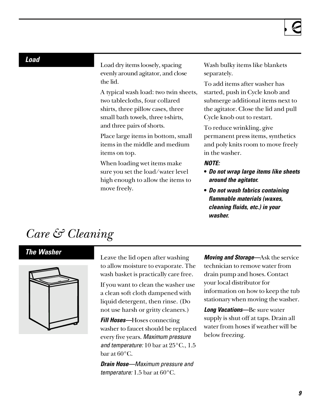 GE LISR310 operating instructions Care & Cleaning, Load, Washer 