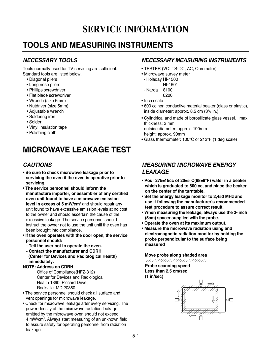 GE LMAB1240ST service manual Service Information, Tools and Measuring Instruments, Microwave Leakage Test, Necessary Tools 