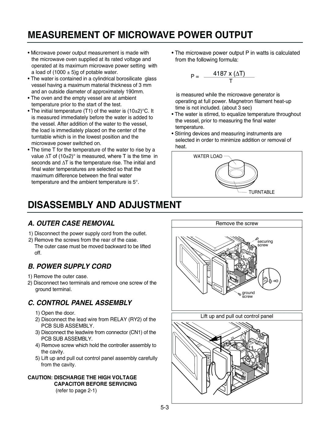 GE LMAB1240ST Measurement of Microwave Power Output, Disassembly and Adjustment, Outer Case Removal, Power Supply Cord 