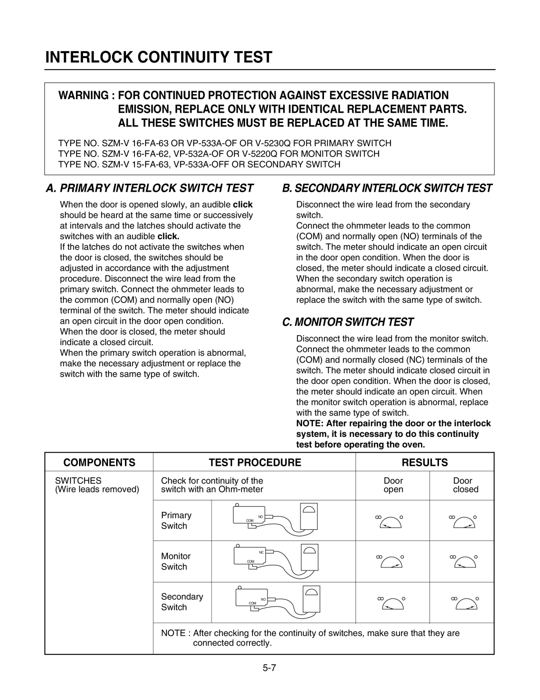 GE LMAB1240ST Interlock Continuity Test, Primary Interlock Switch Test, Secondary Interlock Switch Test, Switches 