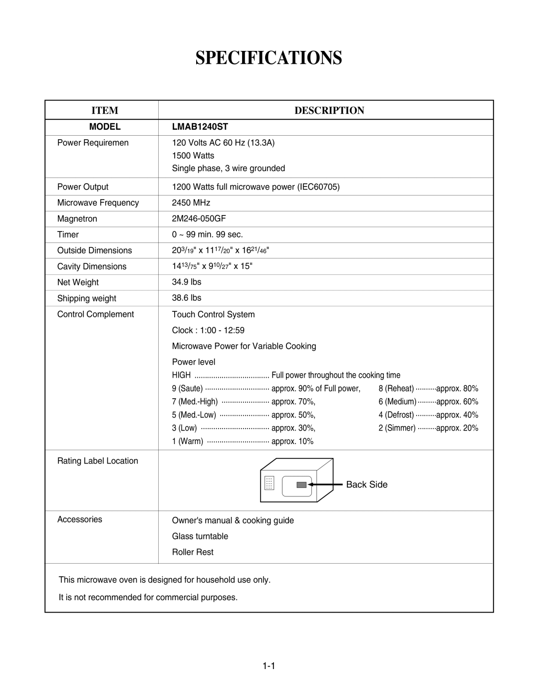 GE LMAB1240ST service manual Specifications, Description 