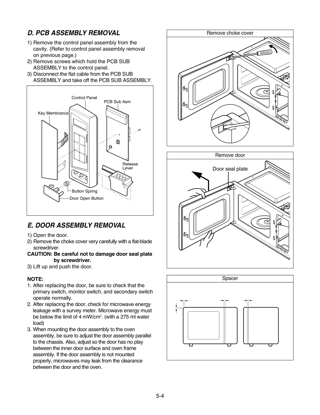 GE LMAB1240ST service manual D. Pcb Assembly Removal, E. Door Assembly Removal 