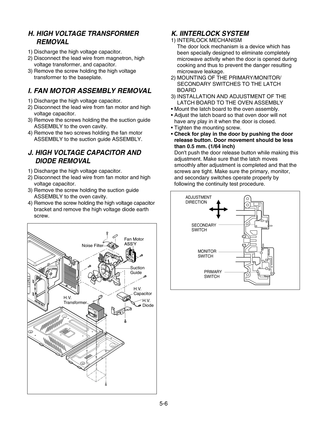 GE LMAB1240ST service manual H. High Voltage Transformer Removal, I. Fan Motor Assembly Removal, K. Iinterlock System 