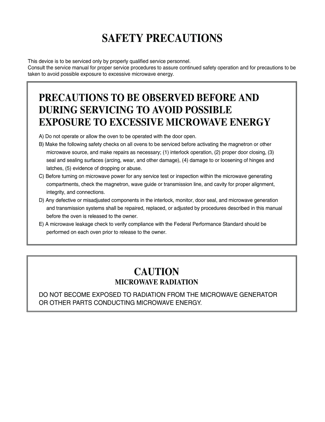 GE LMAB1240ST service manual Safety Precautions, Microwave Radiation 