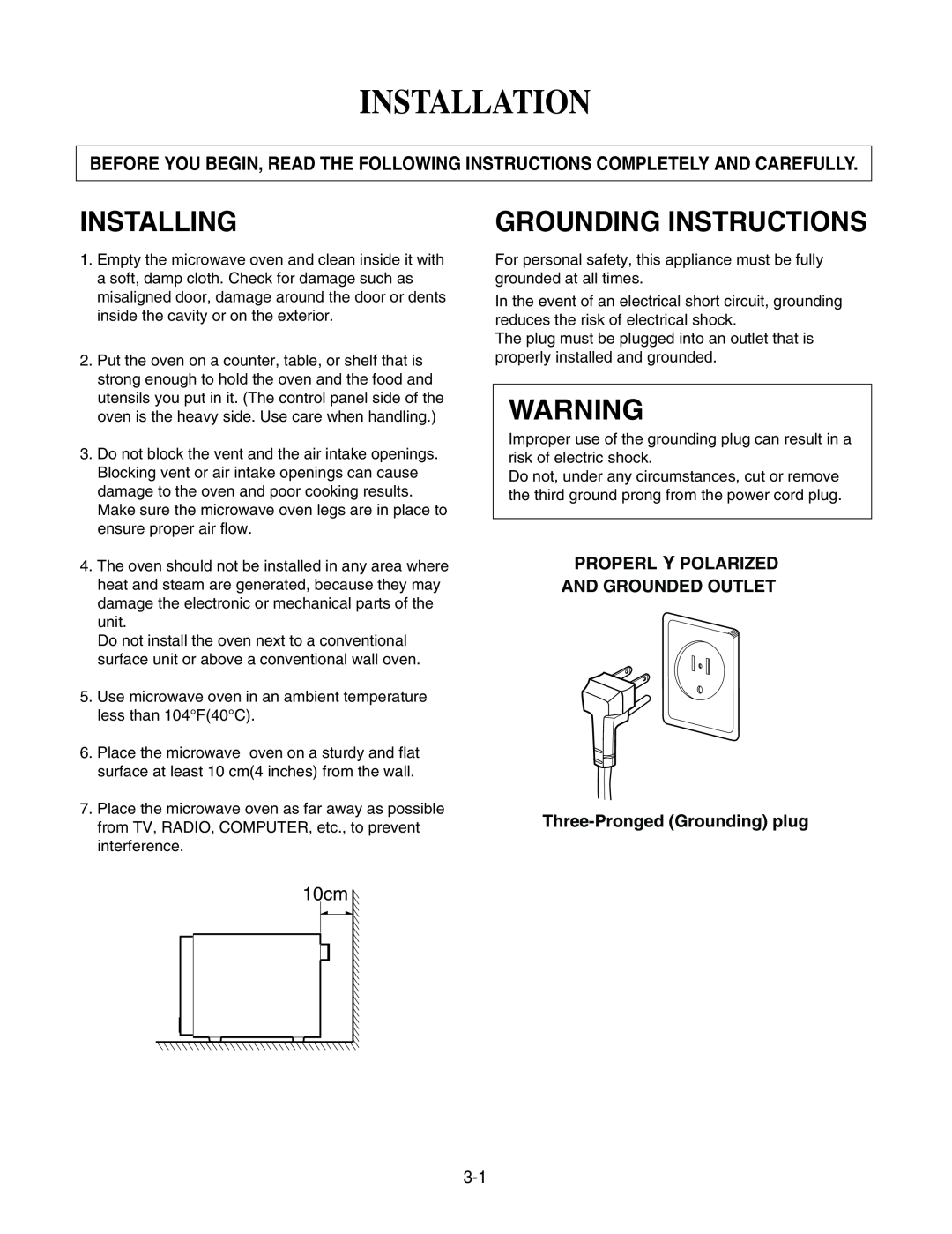 GE LMAB1240ST service manual Installation, Installing, Grounding Instructions, 10cm 