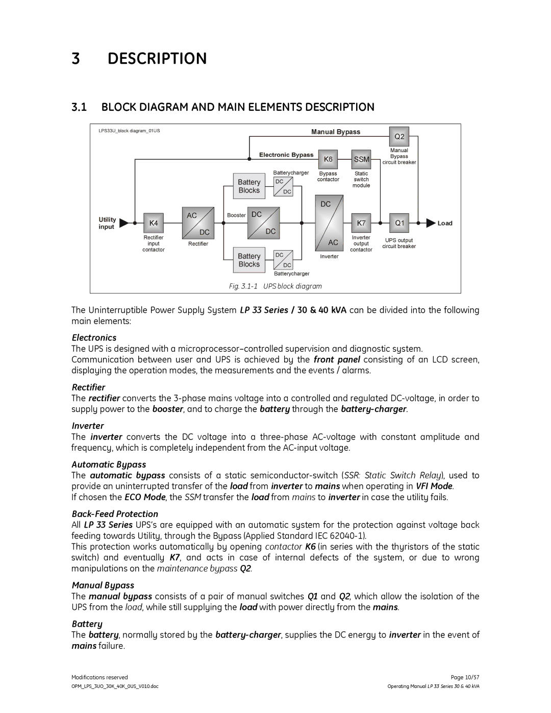 GE LP 33 manual Block Diagram and Main Elements Description 