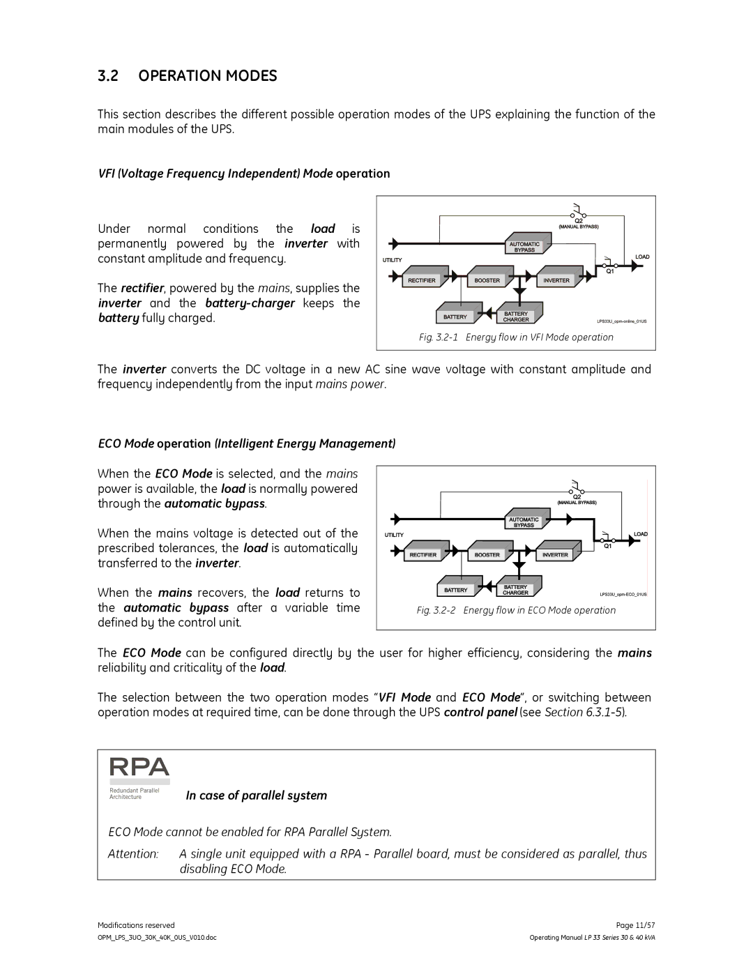 GE LP 33 manual Operation Modes, VFI Voltage Frequency Independent Mode operation, Through the automatic bypass 