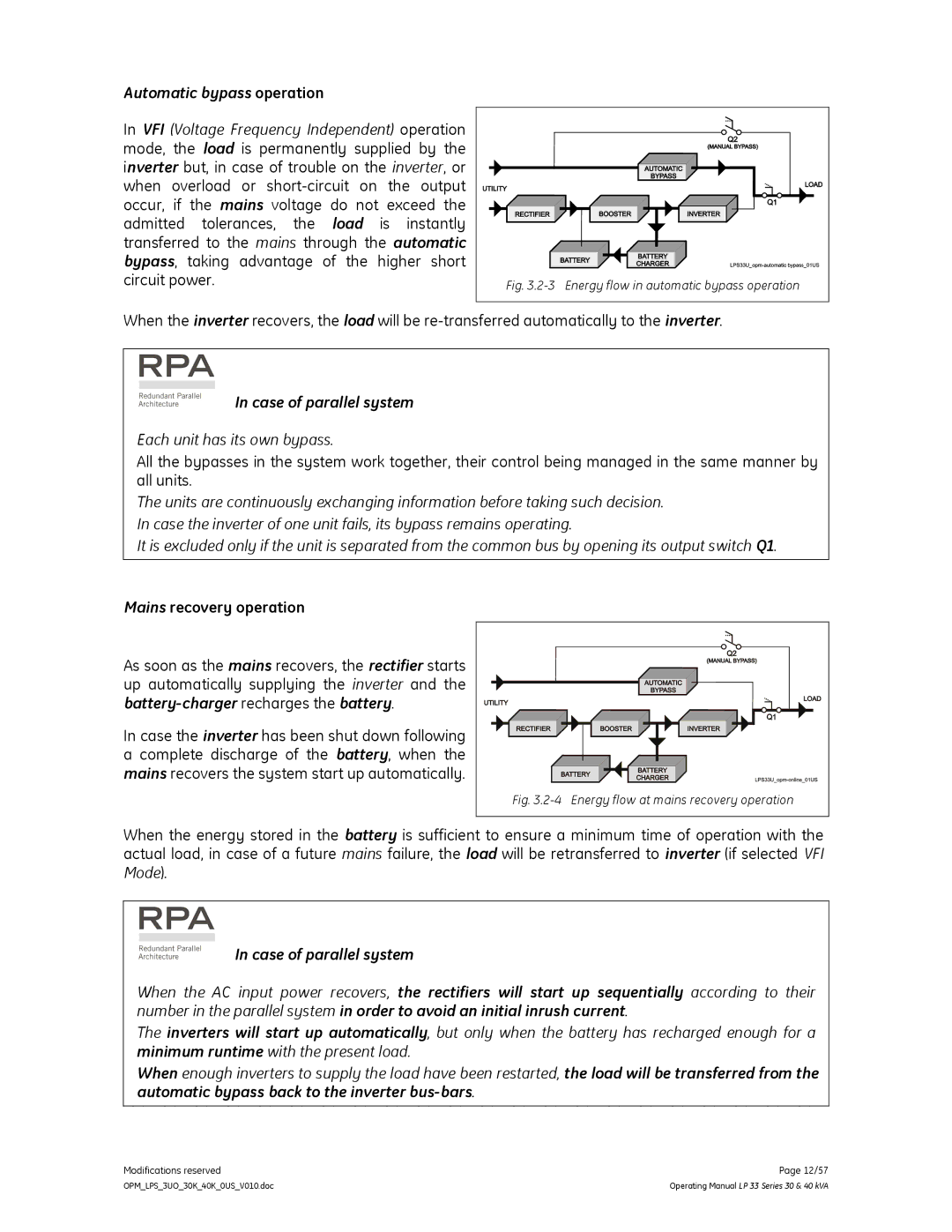 GE LP 33 manual Automatic bypass operation, Mains recovery operation 