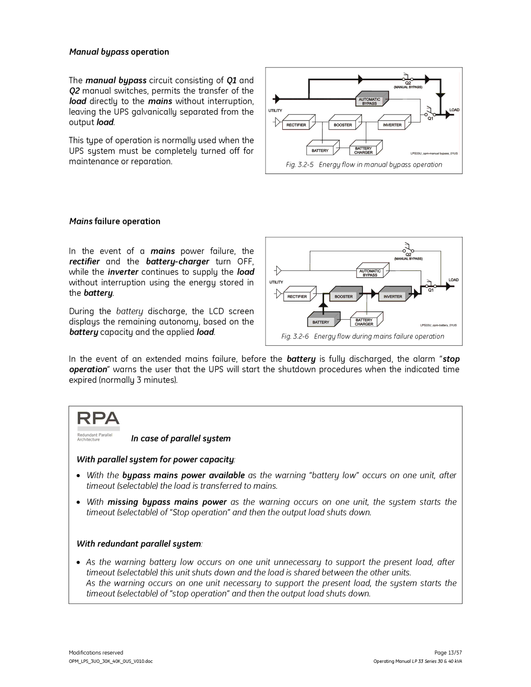 GE LP 33 manual Manual bypass operation, Mains failure operation, With redundant parallel system 