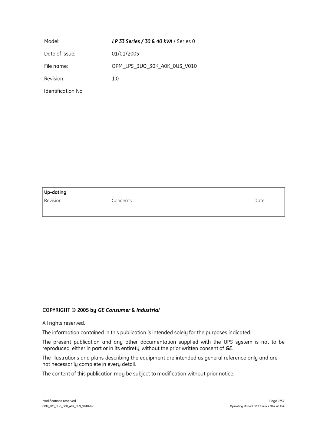 GE LP 33 Model, Date of issue 01/01/2005 File name, Revision Identification No, Copyright 2005 by GE Consumer & Industrial 