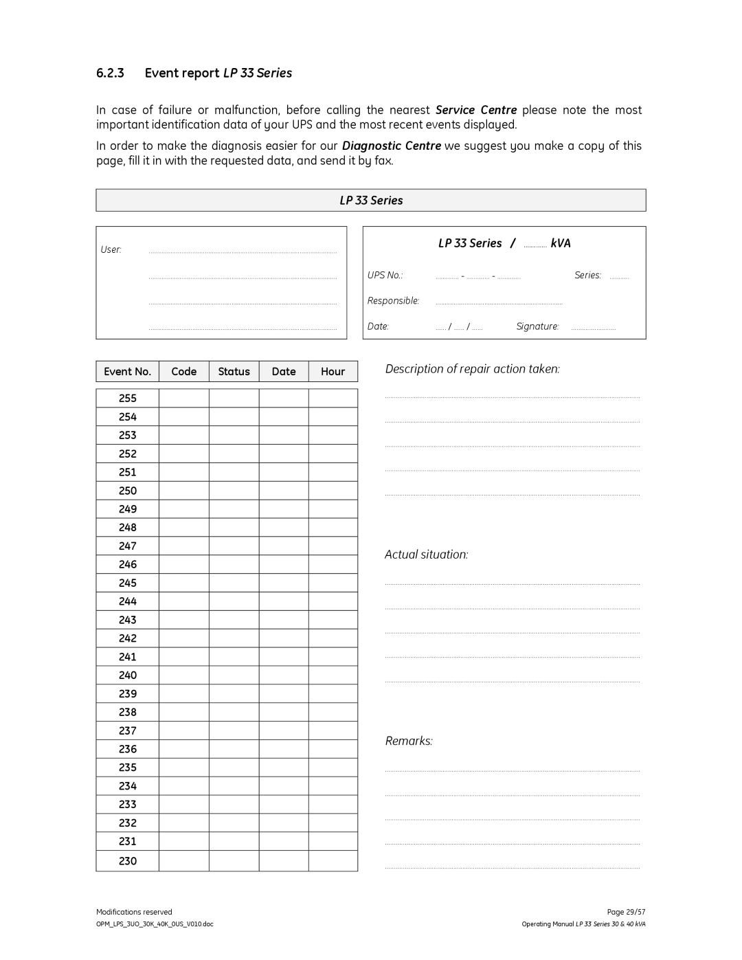 GE manual Event report LP 33 Series 