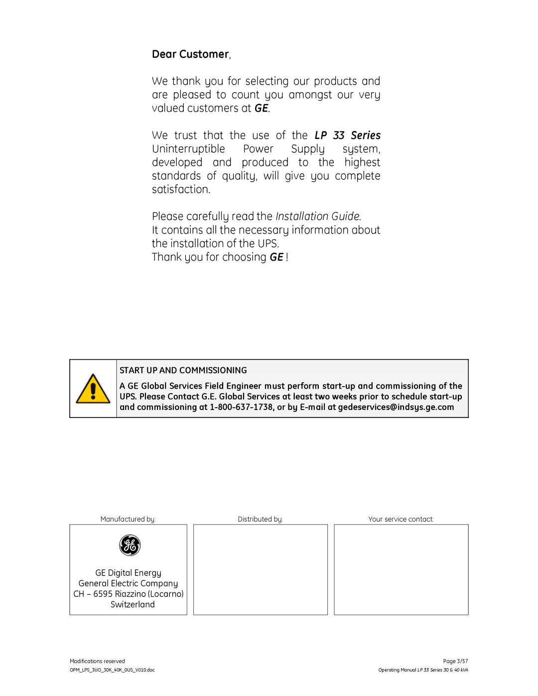 GE LP 33 manual Dear Customer 