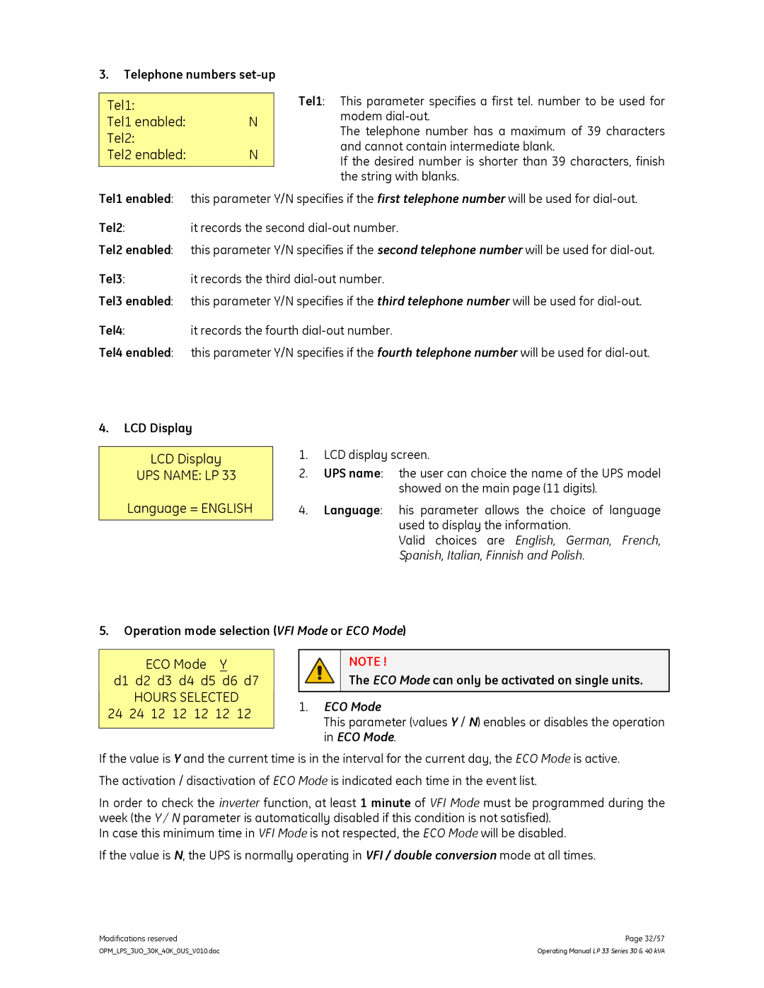 GE LP 33 manual Telephone numbers set-up, LCD Display, Operation mode selection VFI Mode or ECO Mode 