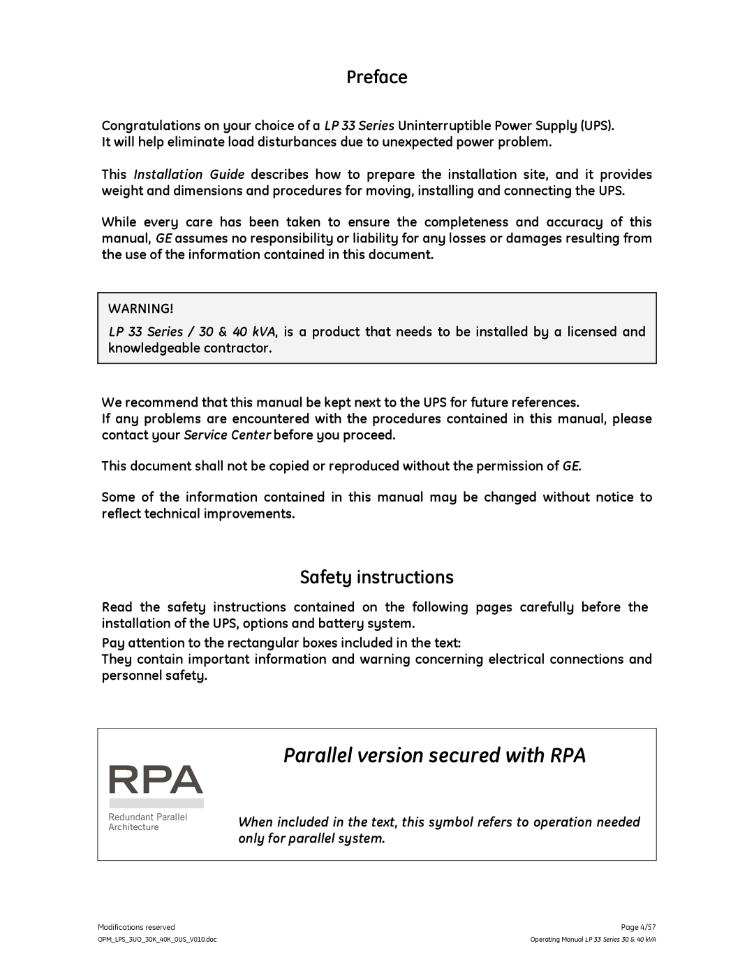 GE LP 33 manual Parallel version secured with RPA 