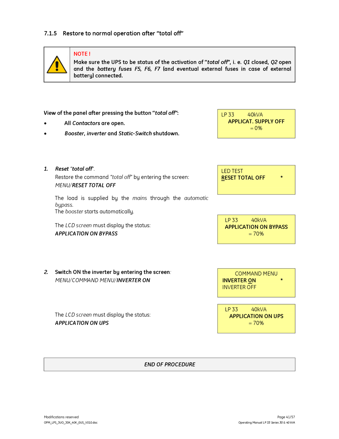 GE LP 33 Restore to normal operation after total off, Restore the command total off by entering the screen, = 0%, LED Test 