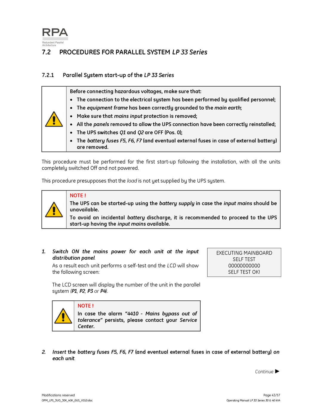 GE manual Procedures for Parallel System LP 33 Series, Parallel System start-up of the LP 33 Series 