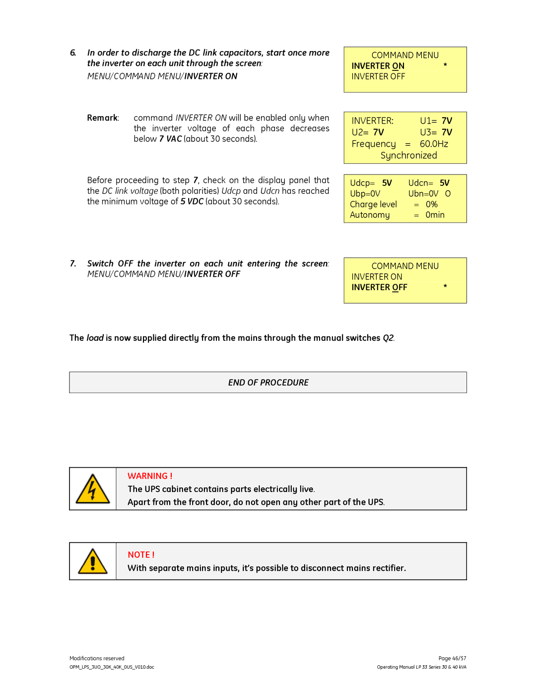 GE LP 33 manual Switch OFF the inverter on each unit entering the screen, Inverter OFF 