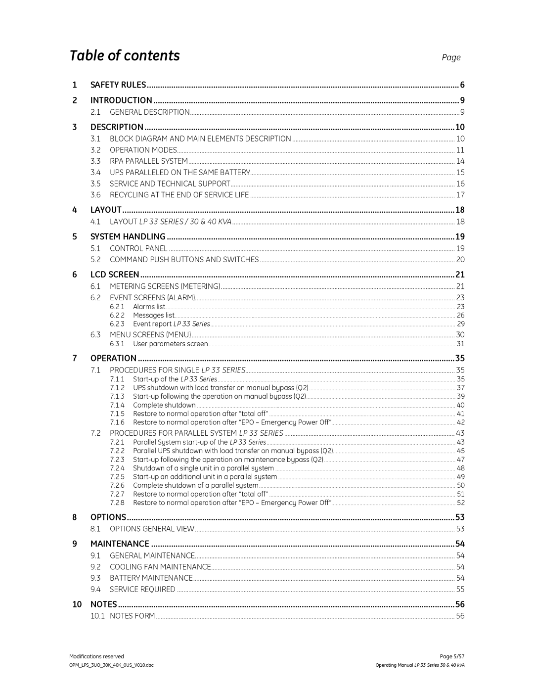 GE LP 33 manual Table of contents 