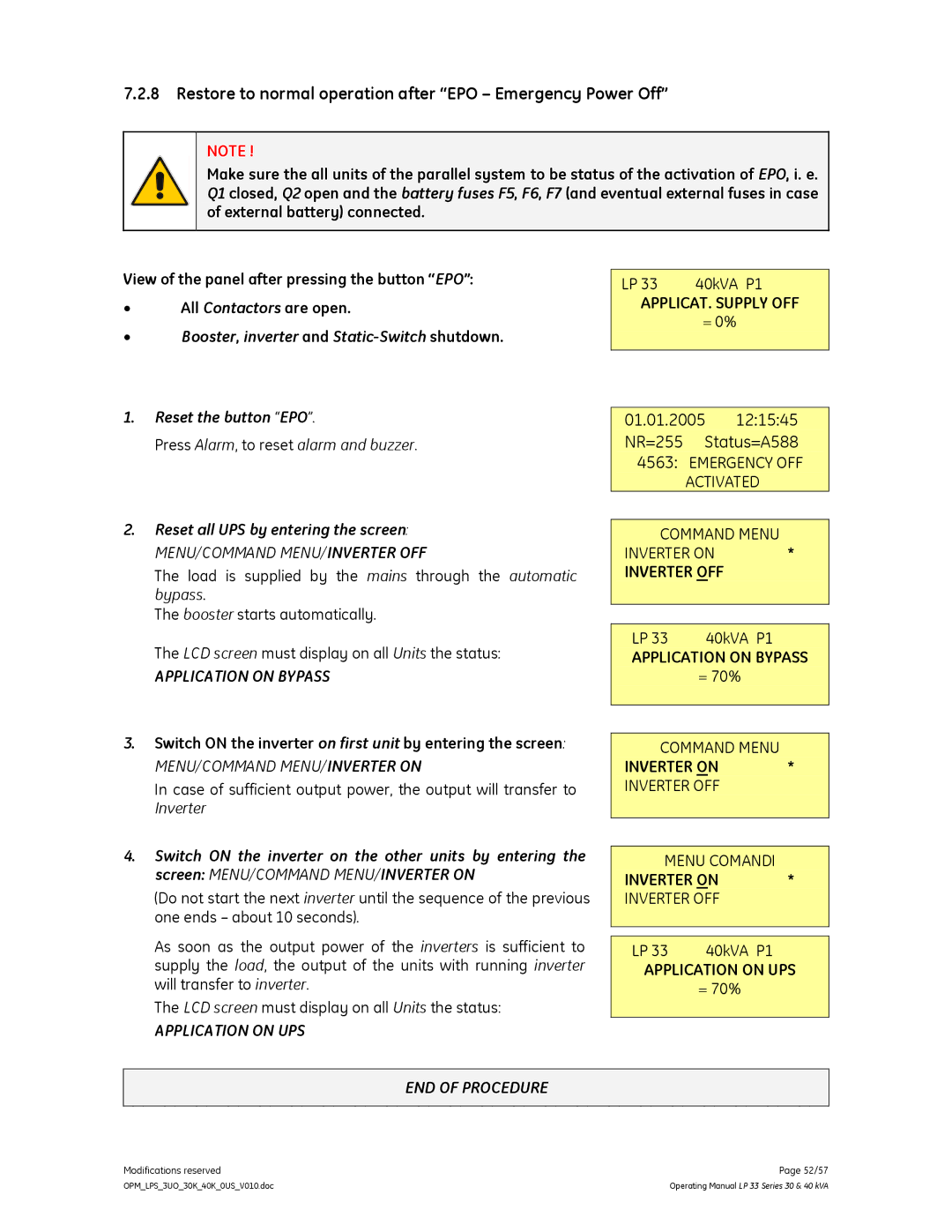 GE LP 33 manual Reset all UPS by entering the screen, Menu Comandi 